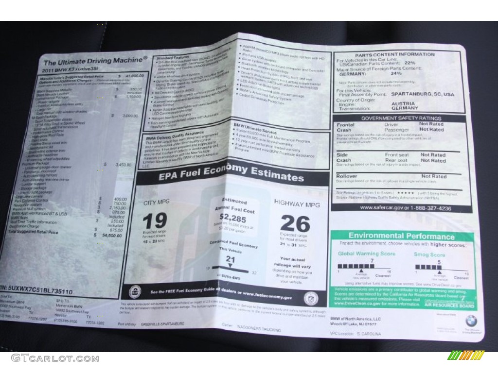 2011 BMW X3 xDrive 35i Window Sticker Photo #54758622