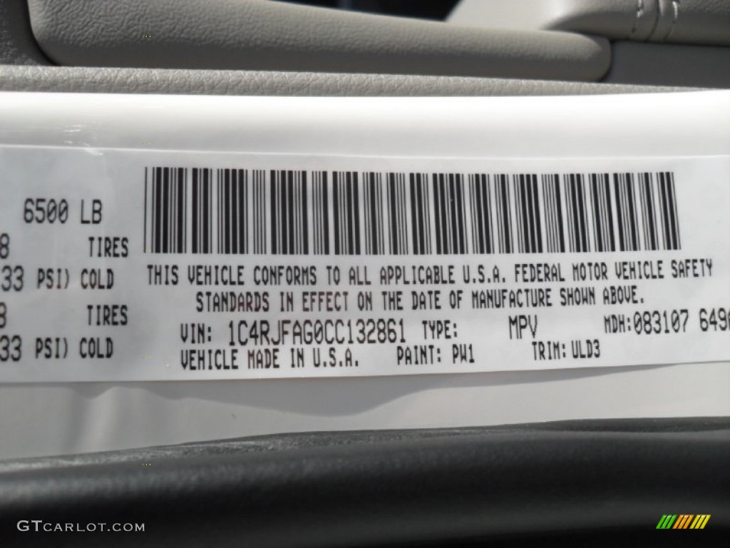 2012 Grand Cherokee Color Code PW1 for Stone White Photo #54765771