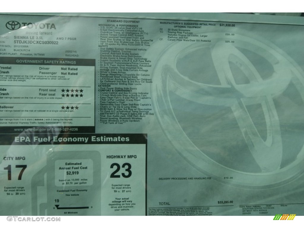 2012 Toyota Sienna LE AWD Window Sticker Photo #54776700