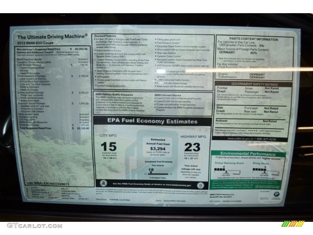 2012 BMW 6 Series 650i Coupe Window Sticker Photo #54781455