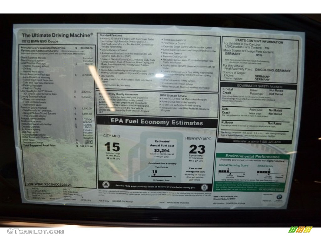 2012 BMW 6 Series 650i Coupe Window Sticker Photo #54781542