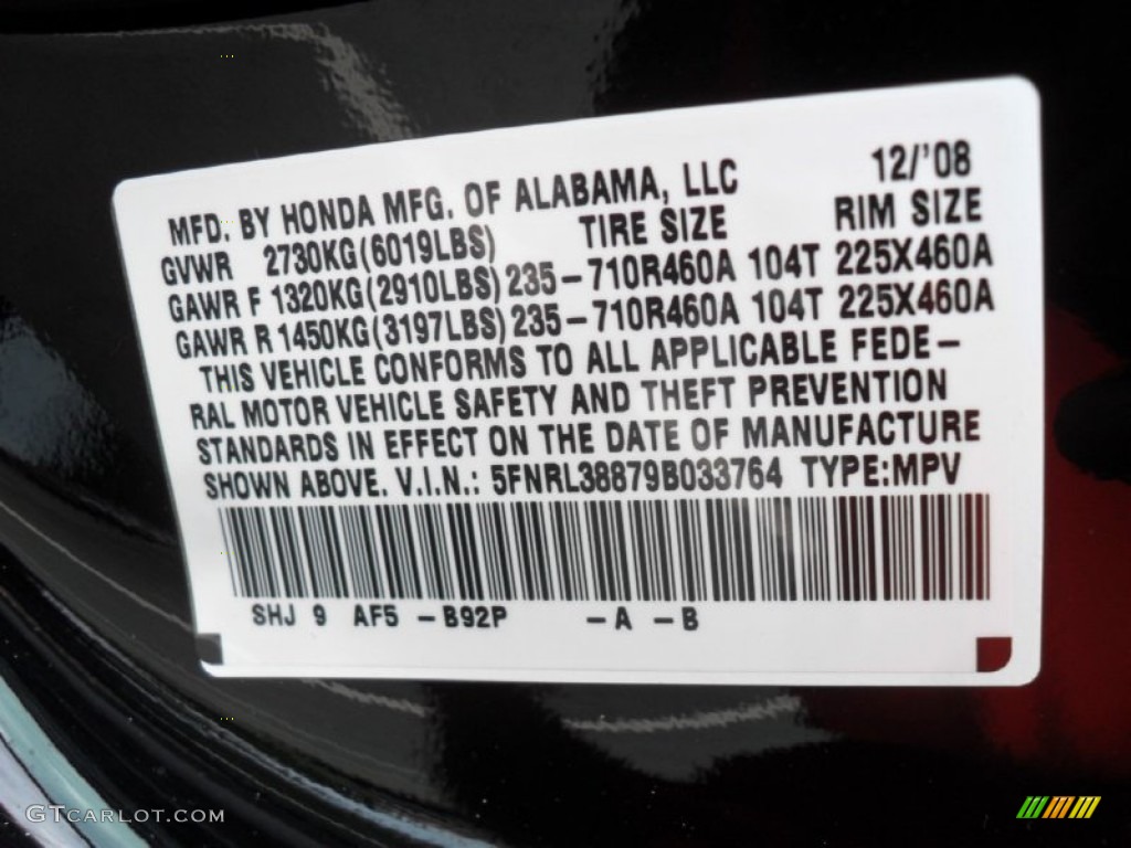 2009 Odyssey Color Code B92P for Nighthawk Black Pearl Photo #54782343
