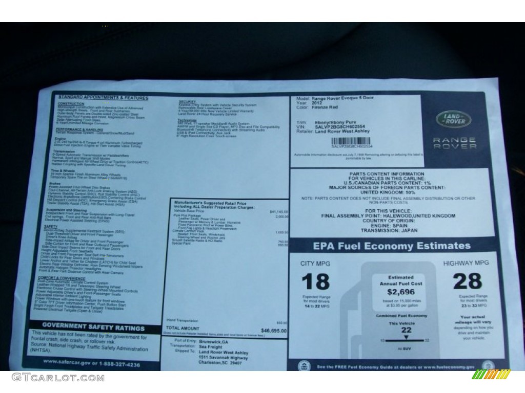 2012 Land Rover Range Rover Evoque Pure Window Sticker Photo #54796519