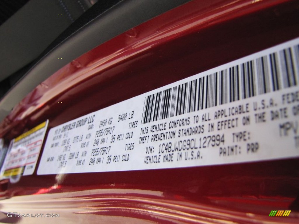 2012 Wrangler Unlimited Color Code PRP for Deep Cherry Red Crystal Pearl Photo #54797293