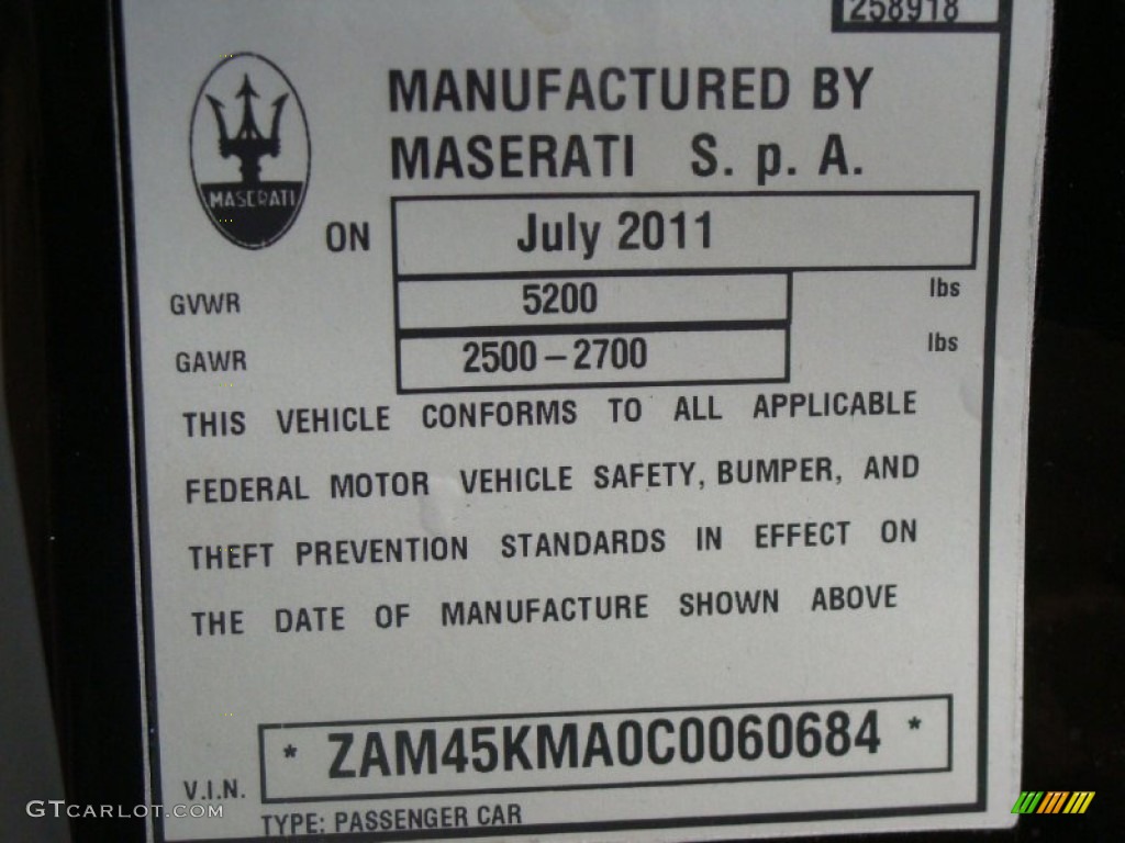 2012 Maserati GranTurismo Convertible GranCabrio Info Tag Photo #54801703