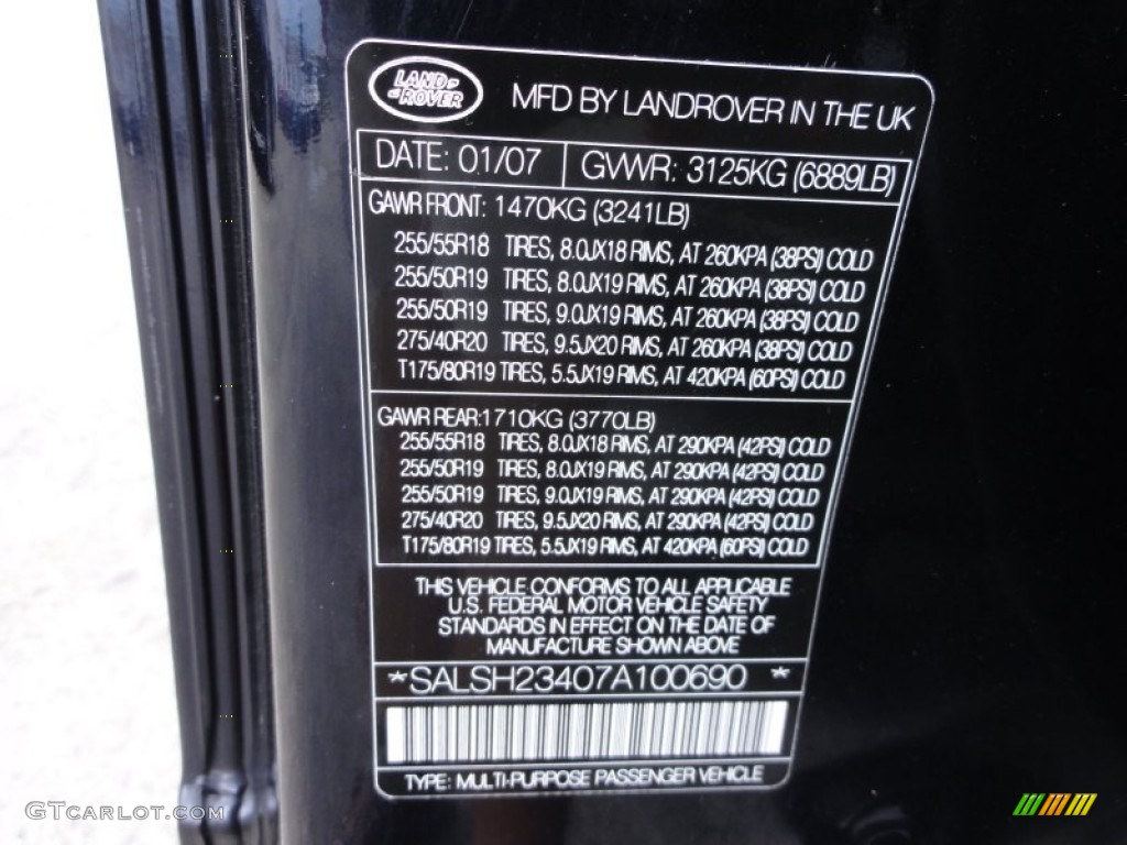 2007 Land Rover Range Rover Sport Supercharged Info Tag Photo #54812407