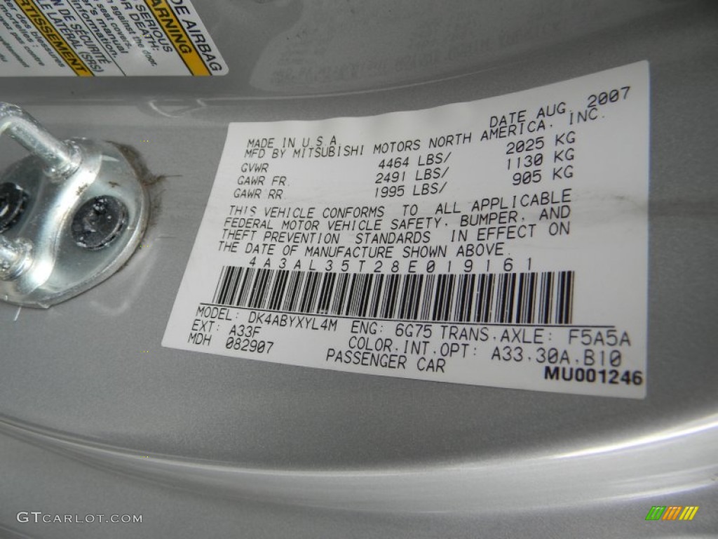 2008 Mitsubishi Eclipse Spyder GT Color Code Photos