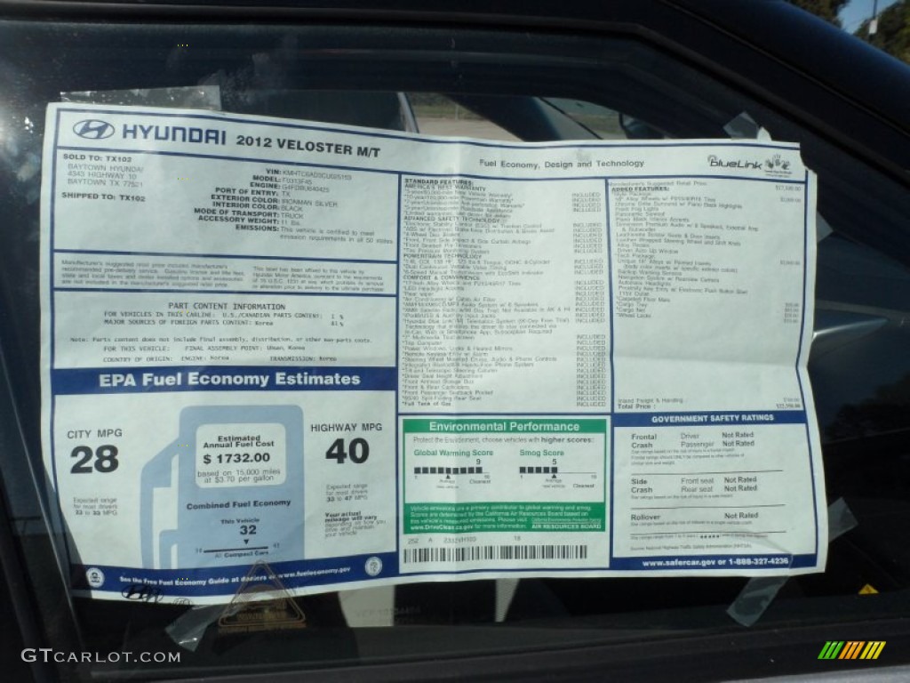 2012 Hyundai Veloster Standard Veloster Model Window Sticker Photo #54841528