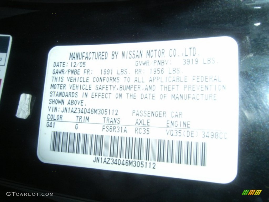 2006 350Z Color Code G41 for Magnetic Black Pearl Photo #54854026