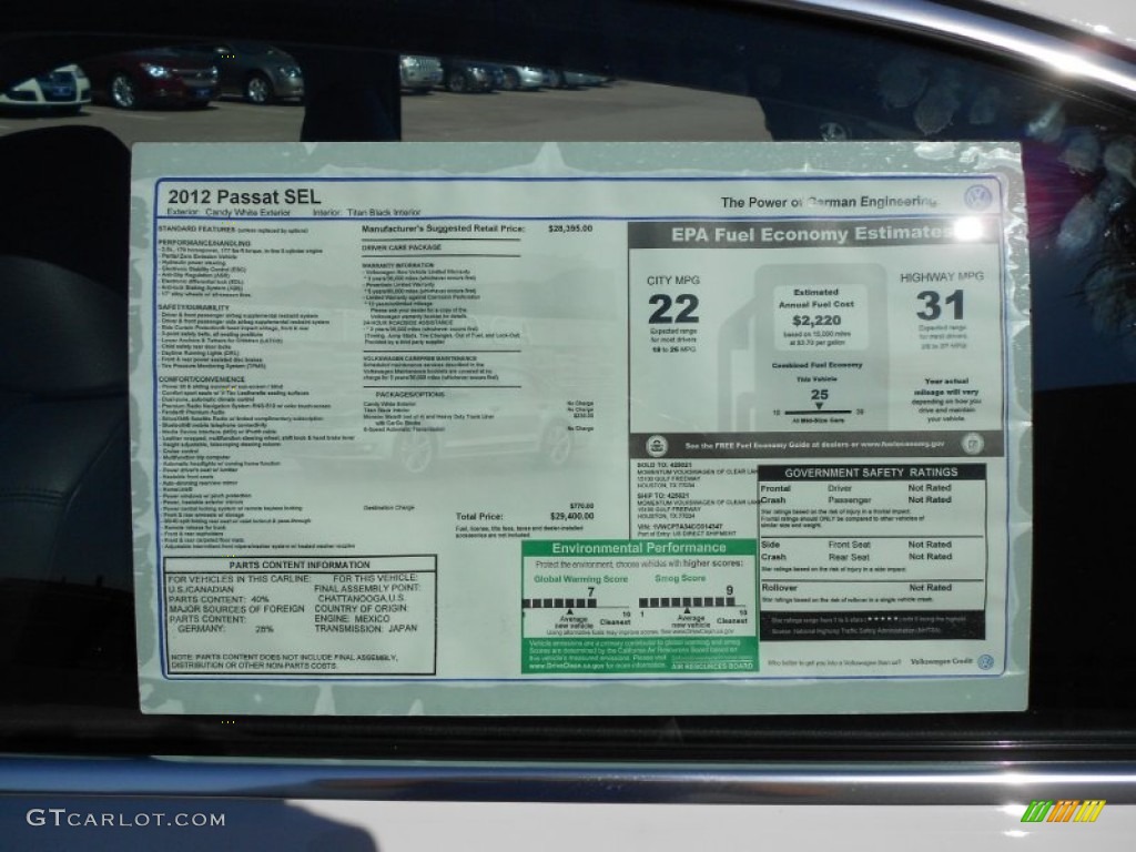 2012 Volkswagen Passat 2.5L SEL Window Sticker Photo #54863329