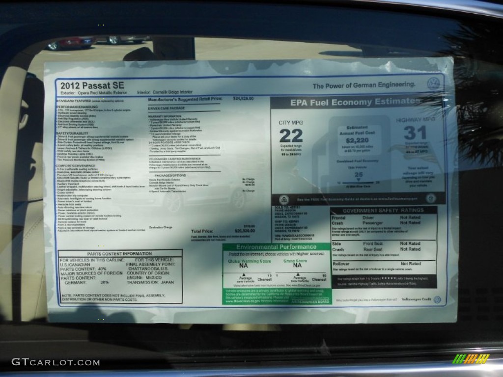 2012 Volkswagen Passat 2.5L SE Window Sticker Photo #54863734