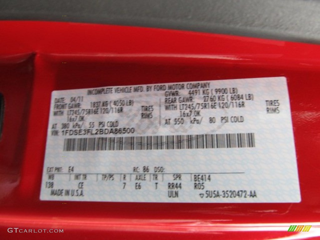 2011 E Series Cutaway Color Code E4 for Vermillion Red Photo #54901691