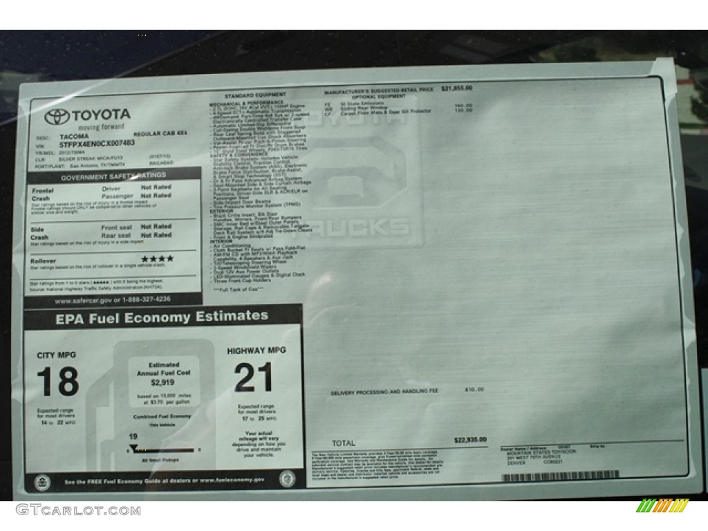 2012 Toyota Tacoma Regular Cab 4x4 Window Sticker Photo #54905450