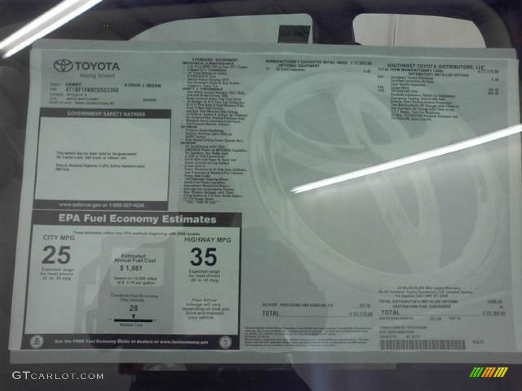2012 Toyota Camry L Window Sticker Photo #54910989