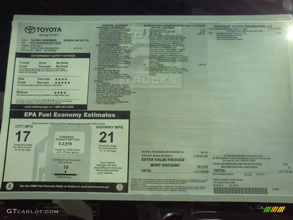 2012 Toyota Tacoma V6 SR5 Prerunner Double Cab Window Sticker Photo #54920698