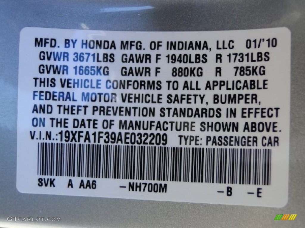 2010 Civic Color Code NH700M for Alabaster Silver Metallic Photo #54950485