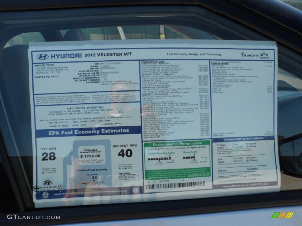 2012 Hyundai Veloster Standard Veloster Model Window Sticker Photo #54954151
