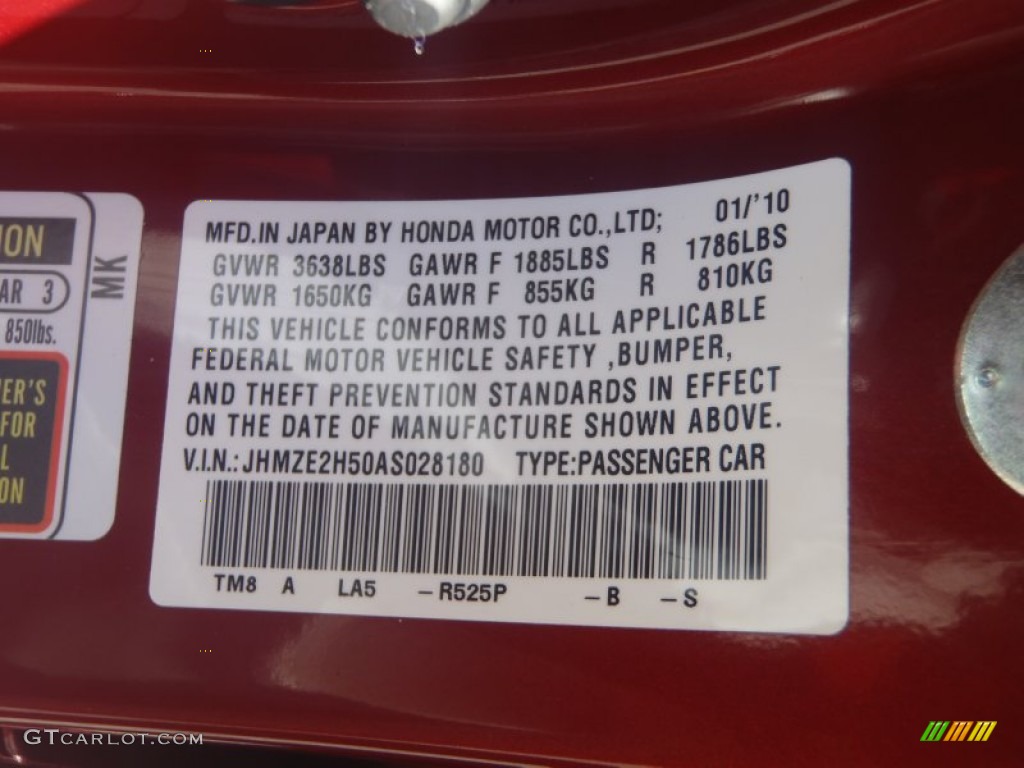 2010 Insight Color Code R525P for Tango Red Pearl Photo #54972445