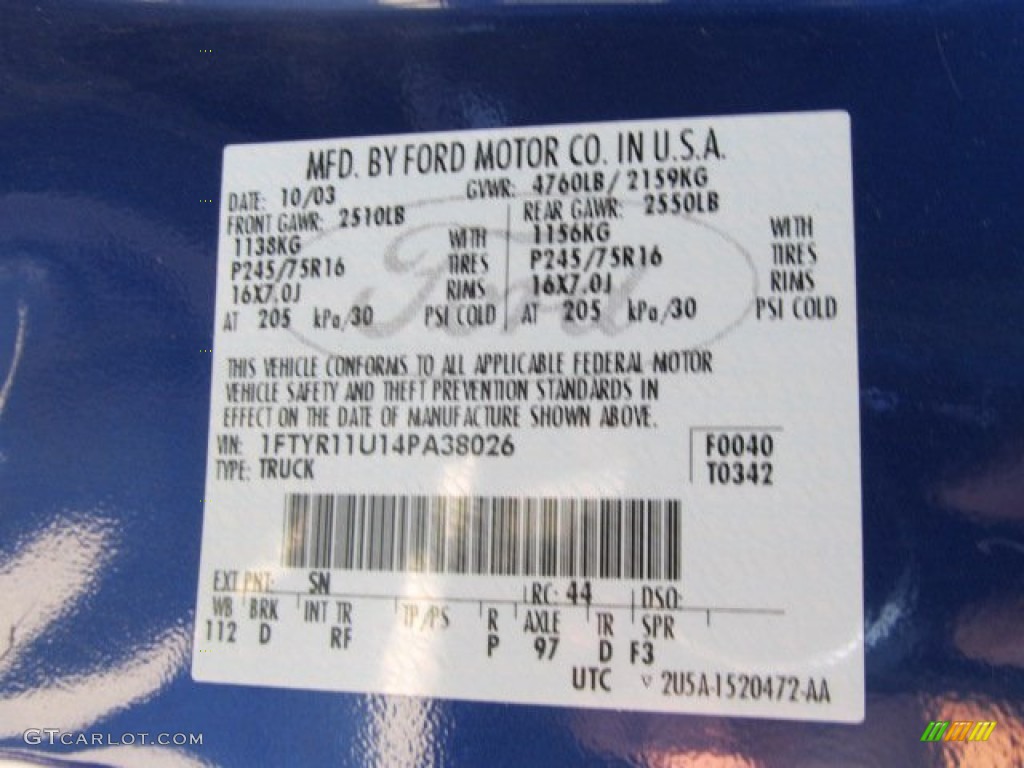 2004 Ranger Color Code SN for Sonic Blue Metallic Photo #54982270