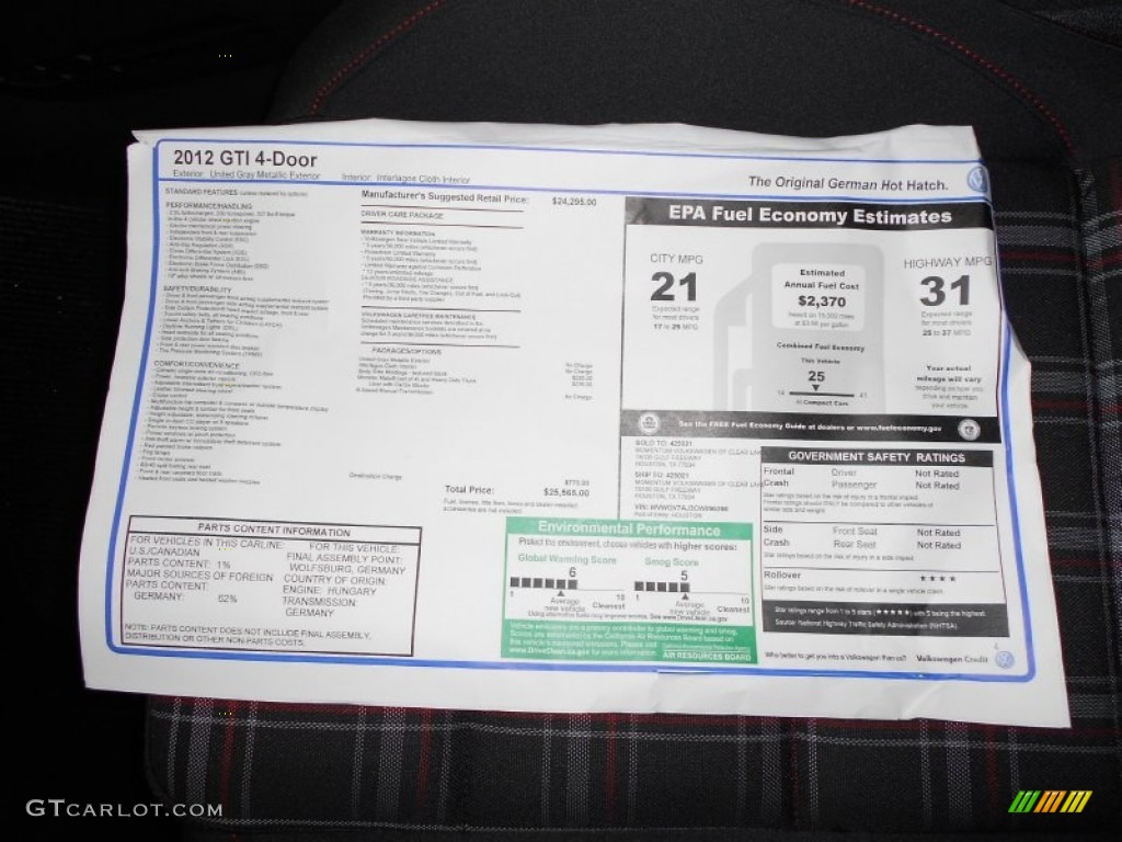 2012 Volkswagen GTI 4 Door Window Sticker Photo #54983845