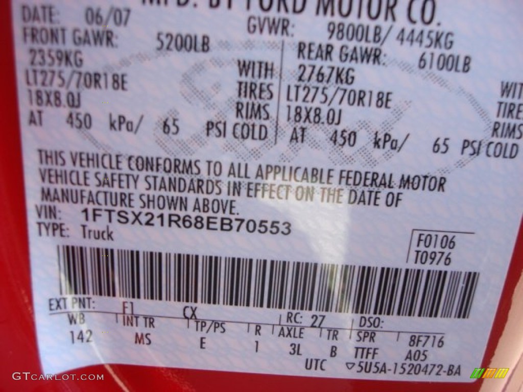 2008 F250 Super Duty Color Code F1 for Red Photo #54985627