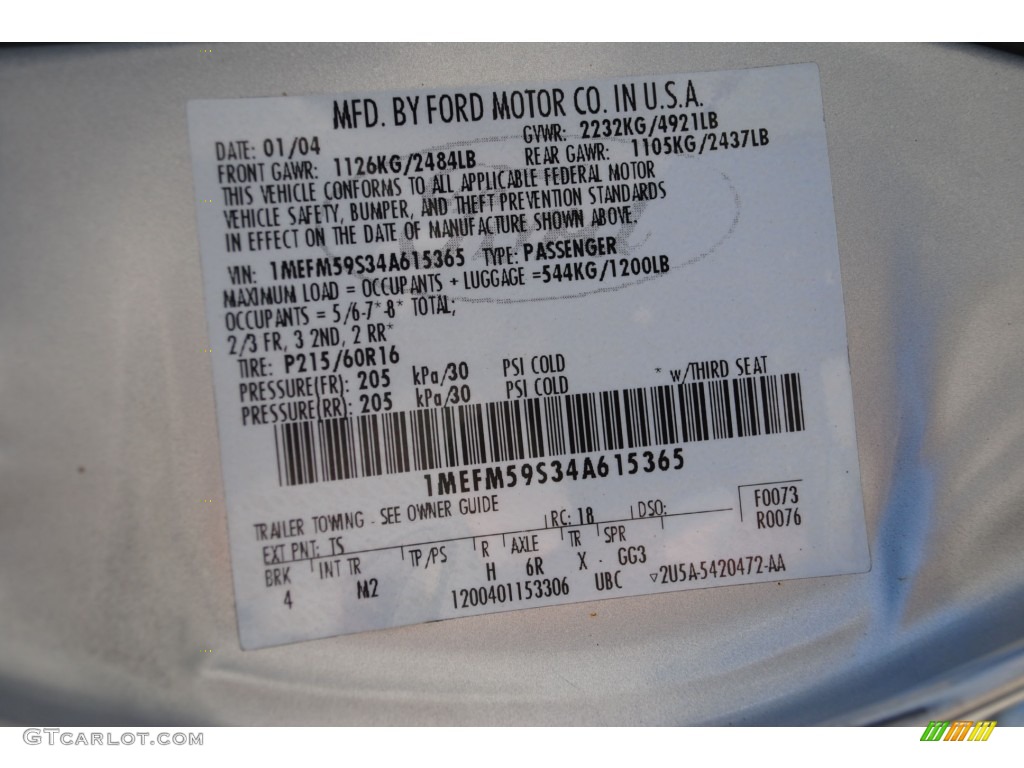 2004 Mercury Sable LS Premium Wagon Color Code Photos