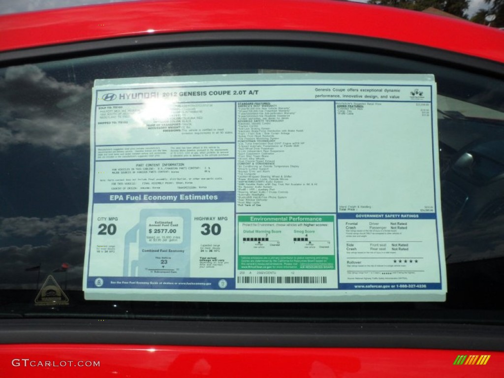 2012 Hyundai Genesis Coupe 2.0T Window Sticker Photo #55007434