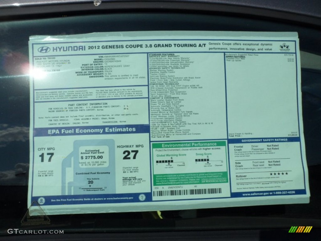 2012 Hyundai Genesis Coupe 3.8 Grand Touring Window Sticker Photo #55007749