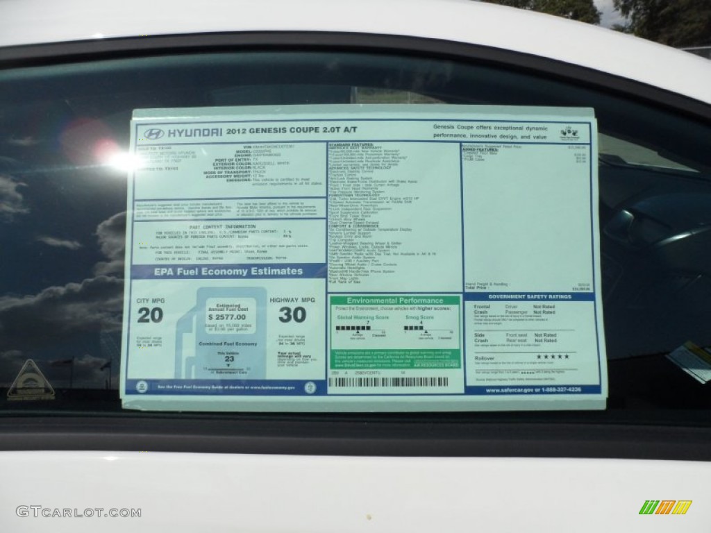 2012 Hyundai Genesis Coupe 2.0T Window Sticker Photo #55008031