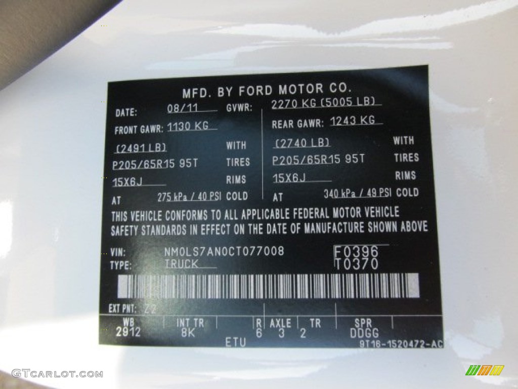 2012 Transit Connect Color Code Z2 for Frozen White Photo #55053581