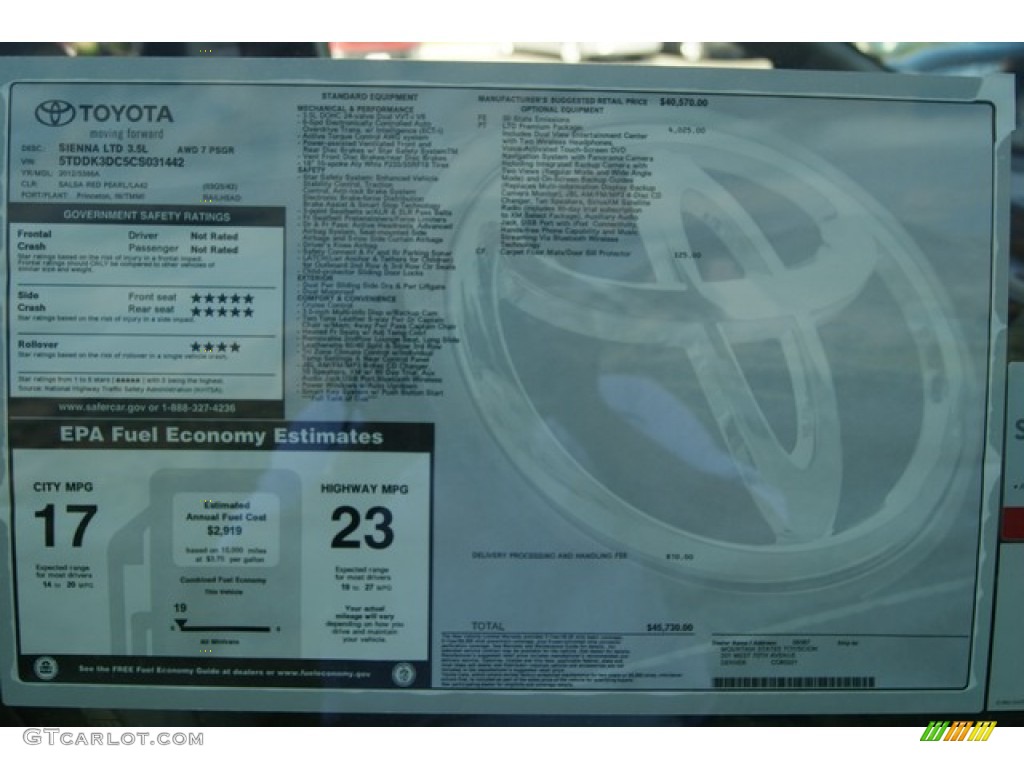 2012 Toyota Sienna Limited AWD Window Sticker Photo #55056915