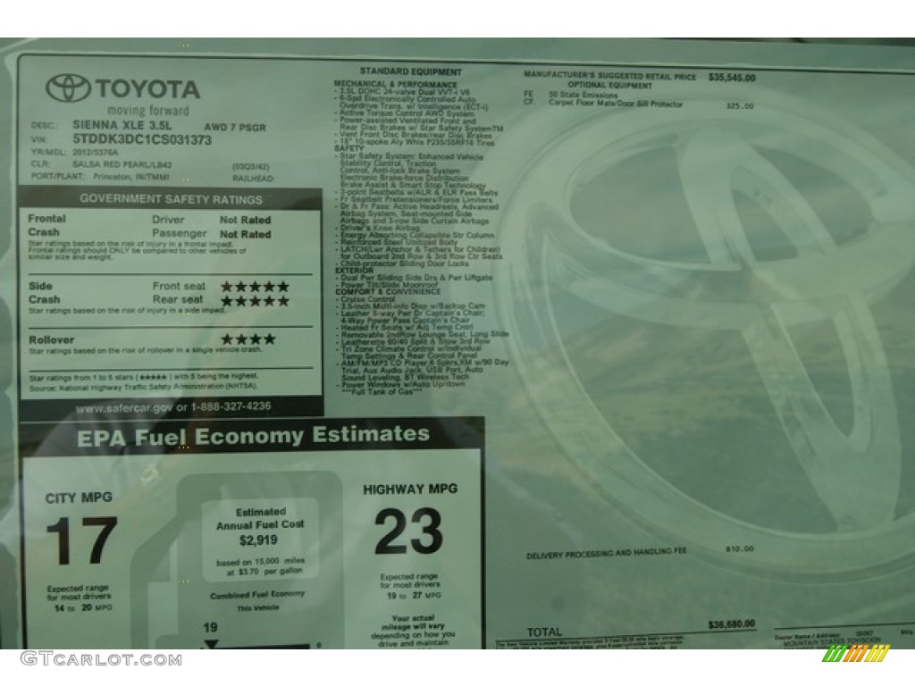 2012 Toyota Sienna XLE AWD Window Sticker Photo #55057067
