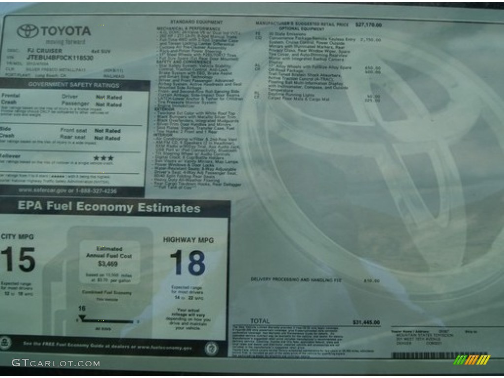 2012 Toyota FJ Cruiser 4WD Window Sticker Photo #55057203