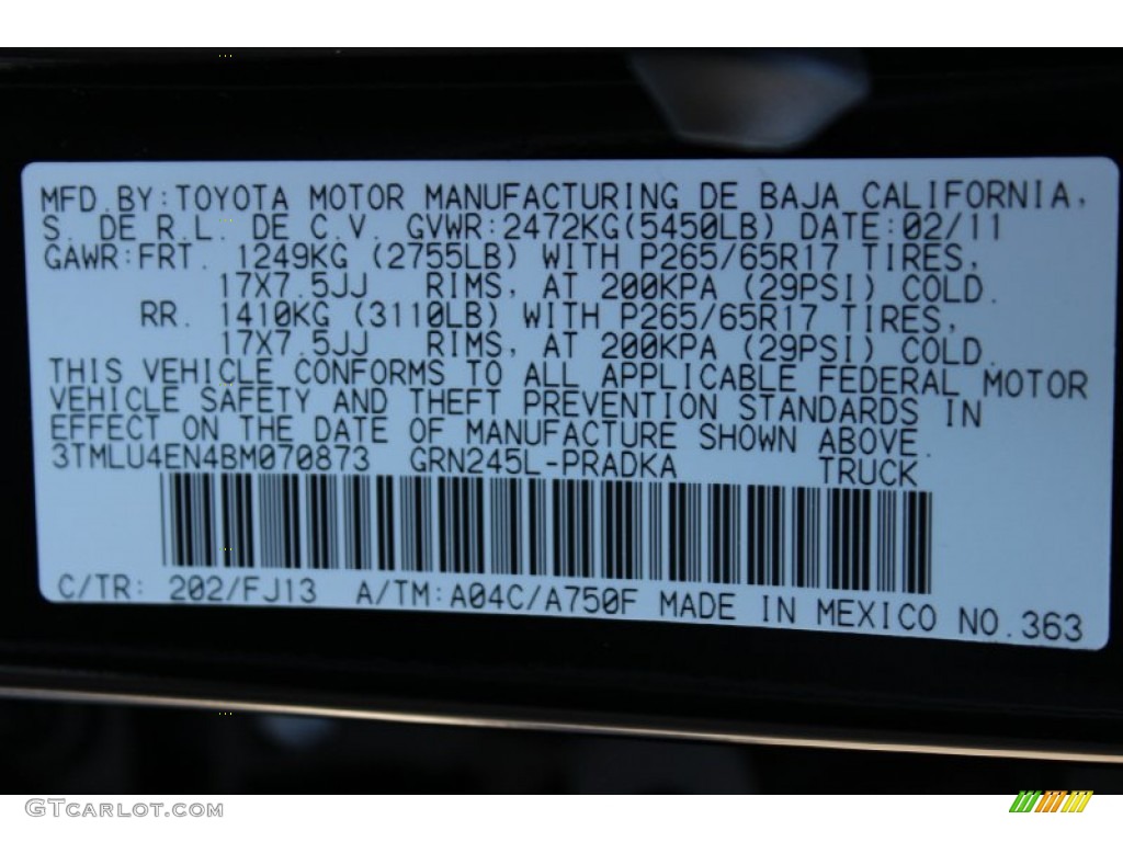 2011 Tacoma Color Code 202 for Black Photo #55079738