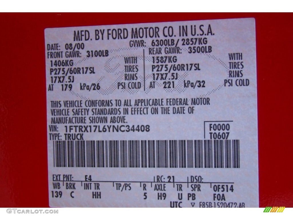 2000 F150 Color Code E4 for Bright Red Photo #55086400