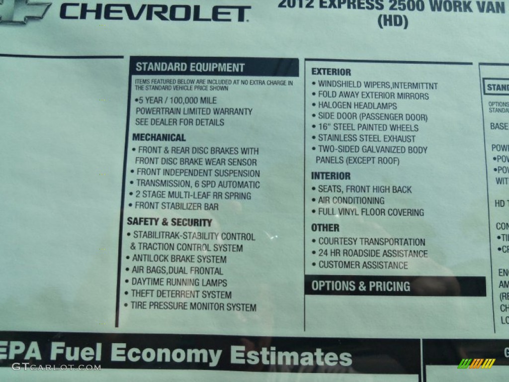2012 Chevrolet Express 2500 Cargo Van Window Sticker Photo #55086667