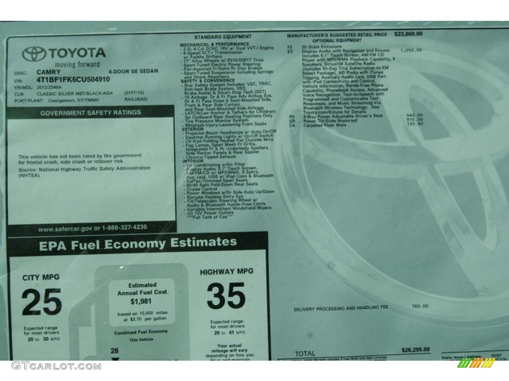 2012 Toyota Camry SE Window Sticker Photo #55099564