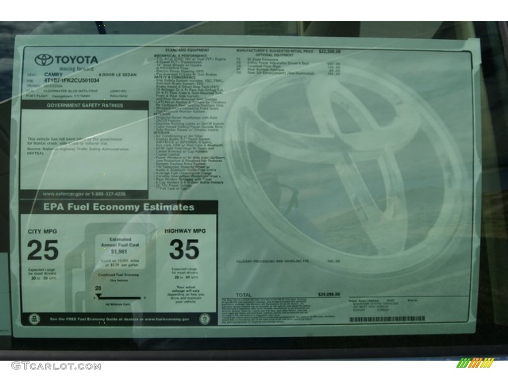 2012 Toyota Camry LE Window Sticker Photo #55099861
