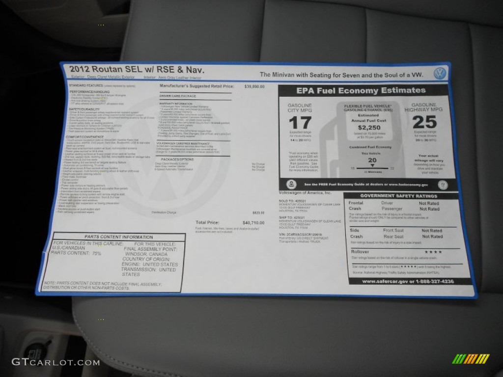 2012 Volkswagen Routan SEL Window Sticker Photo #55110643