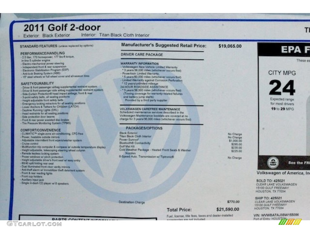 2011 Volkswagen Golf 2 Door Window Sticker Photo #55110789
