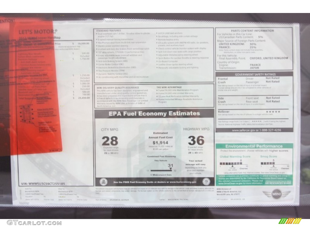 2012 Mini Cooper Hardtop Window Sticker Photo #55119957