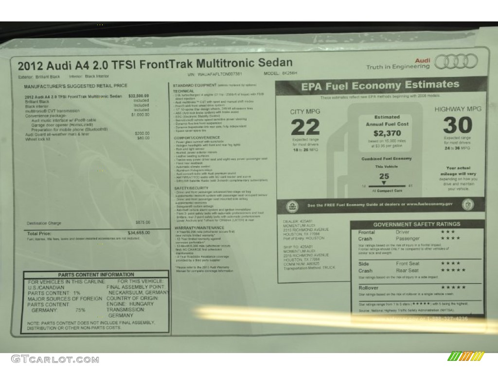 2012 Audi A4 2.0T Sedan Window Sticker Photo #55141716