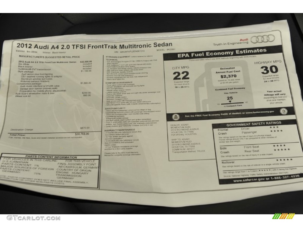 2012 Audi A4 2.0T Sedan Window Sticker Photo #55142066