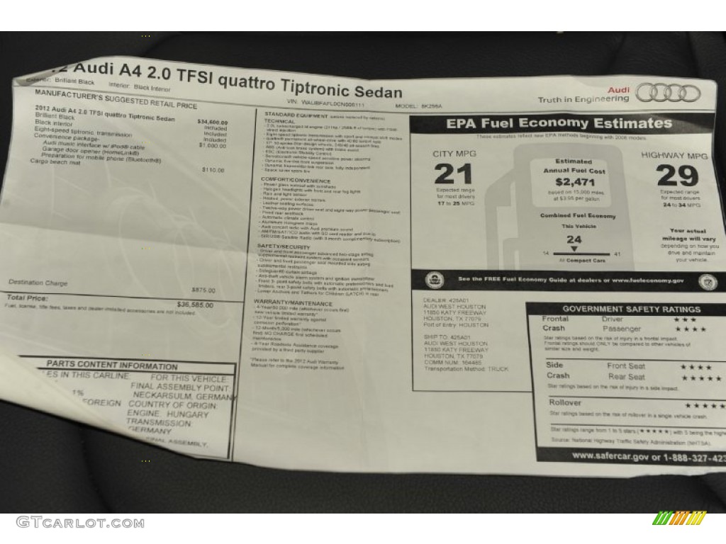 2012 Audi A4 2.0T quattro Sedan Window Sticker Photo #55142432