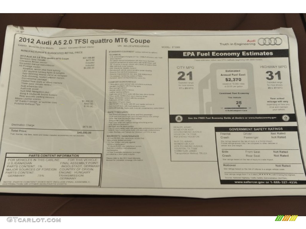 2012 Audi A5 2.0T quattro Coupe Window Sticker Photo #55143293