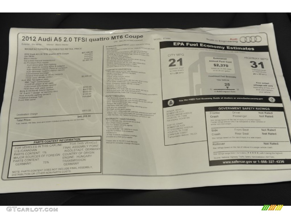 2012 Audi A5 2.0T quattro Coupe Window Sticker Photo #55144217