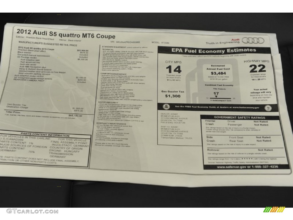 2012 Audi S5 4.2 FSI quattro Coupe Window Sticker Photo #55144718