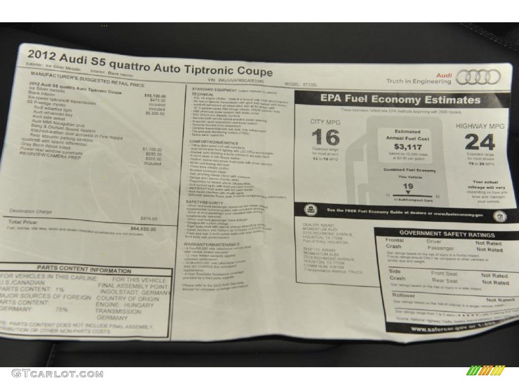 2012 Audi S5 4.2 FSI quattro Coupe Window Sticker Photo #55145249