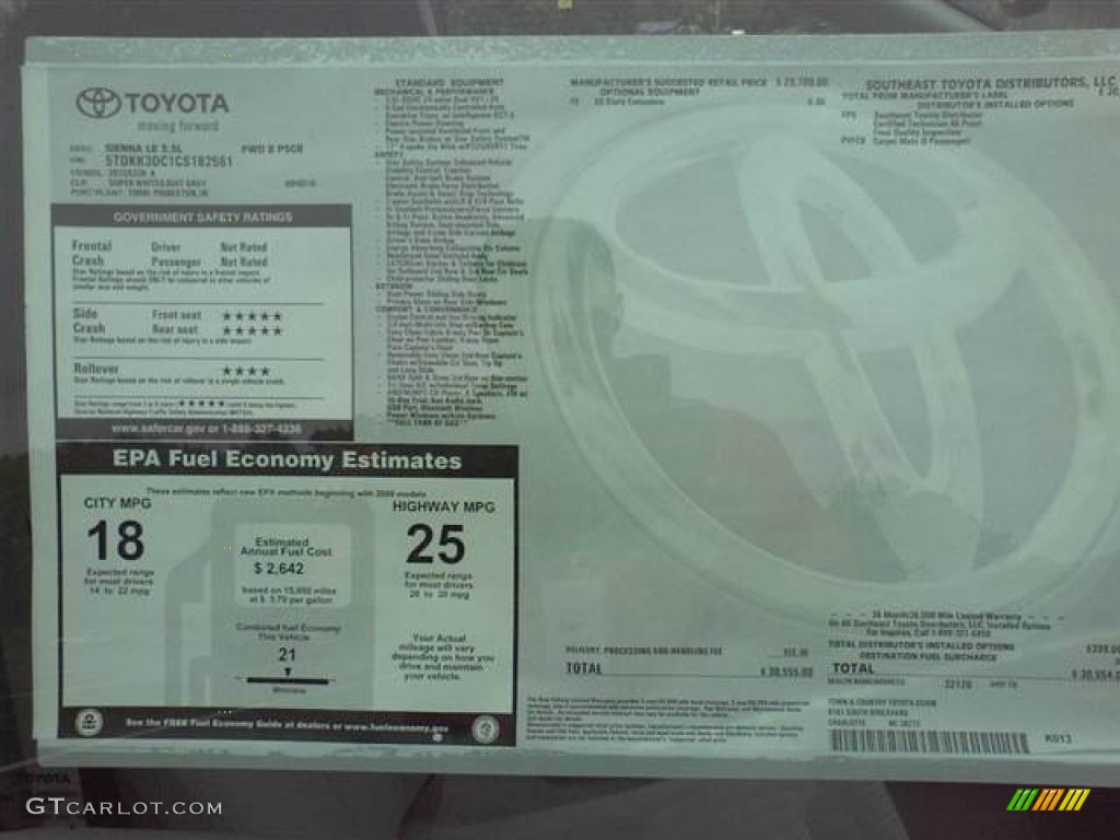 2012 Toyota Sienna LE Window Sticker Photo #55147718