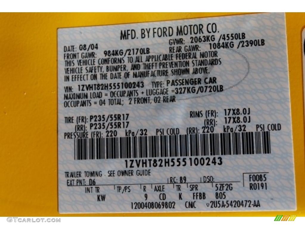 2005 Mustang Color Code D6 for Screaming Yellow Photo #55151012